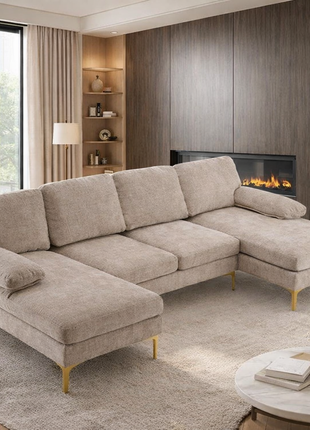 Likeshoppe U-Shaped 4-Seat Modular Sectional Sofa – Luxury Chenille Living Room Couch in Cream & Creamy White