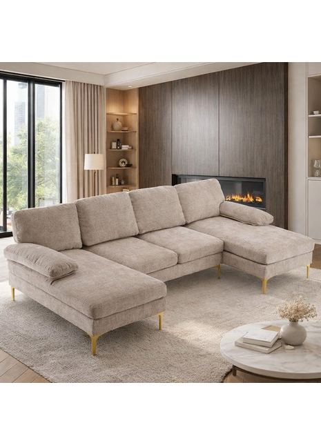 Likeshoppe U-Shaped 4-Seat Modular Sectional Sofa – Luxury Chenille Living Room Couch in Cream & Creamy White