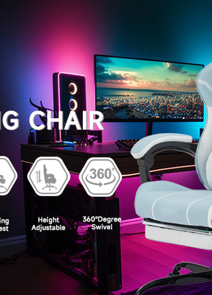 Ergonomic Gaming Chair with Footrest – Reclining Computer Desk Chair with Lumbar Massage Blue White