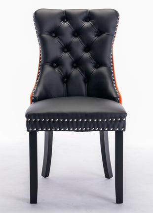 Black & Orange Tufted Dining Chairs Set of 2 – Upholstered PU Leather Chairs with Nailhead Trim and Wood Legs