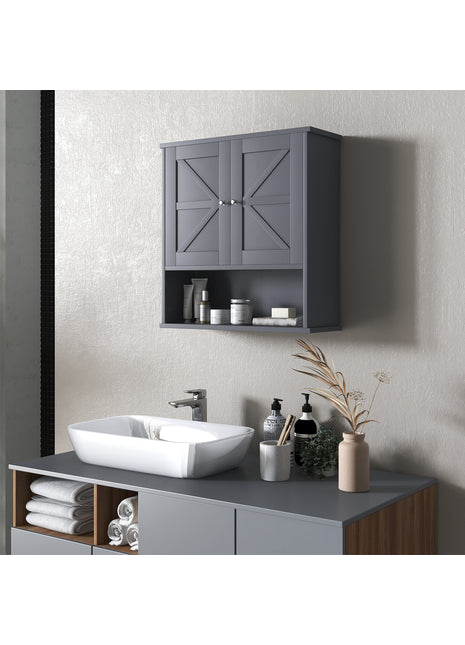 Farmhouse Wall-Mounted Medicine Cabinet – Gray Bathroom Cabinet with Barn Doors & Adjustable Shelf