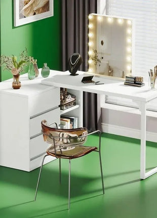 L-Shaped Makeup Vanity Desk with Drawers – Modern White Dressing Table with Storage Cabinet