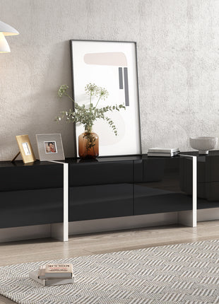 Likeshoppe Modern TV Stand for 80 Inch TV – Black & White High Gloss TV Console with Storage Drawers & Cabinets