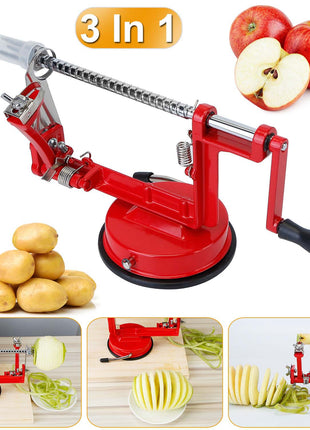 3-in-1 Apple Peeler Slicer Corer – Stainless Steel Hand Crank Fruit Peeling Machine with Suction Base