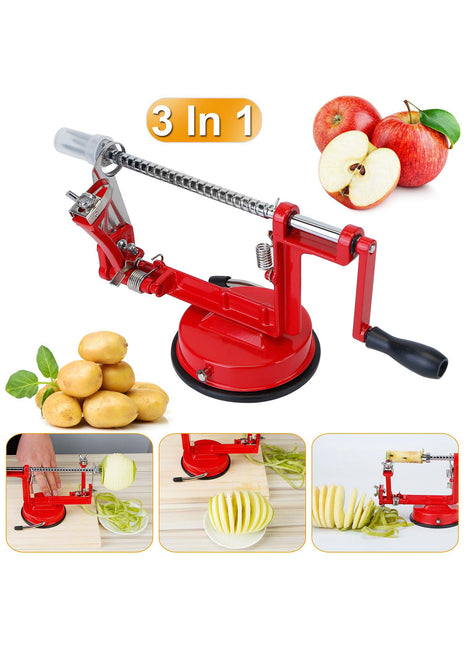 3-in-1 Apple Peeler Slicer Corer – Stainless Steel Hand Crank Fruit Peeling Machine with Suction Base