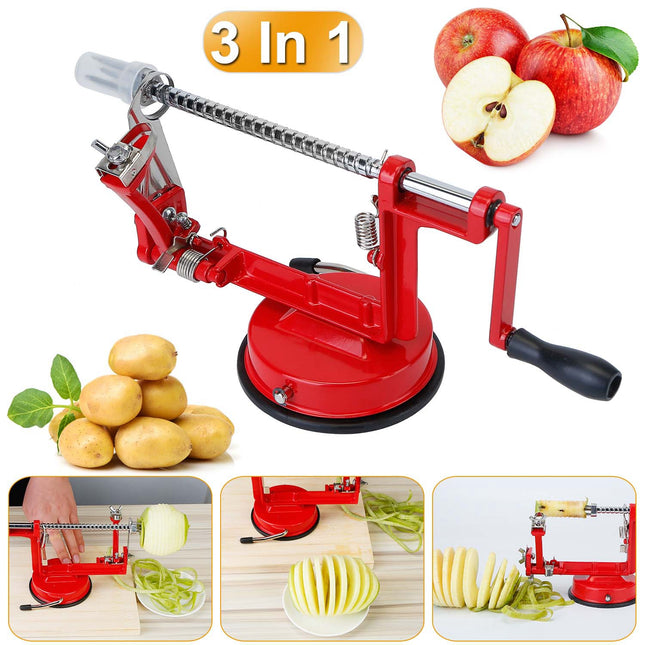 3-in-1 Apple Peeler Slicer Corer – Stainless Steel Hand Crank Fruit Peeling Machine with Suction Base