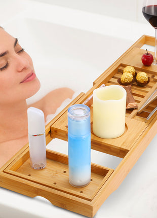 Extendable Bamboo Bathtub Caddy Tray – Luxury Bath Tray with Book & Wine Holder