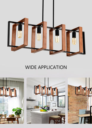 Likeshoppe Farmhouse Kitchen Island Pendant Light – 36" Rustic Wood & Black Metal 4-Light Dining Room Chandelier