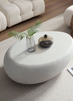 Modern Fiberglass Elliptical Coffee Table – Matte Rock Texture Irregular Living Room Center Table