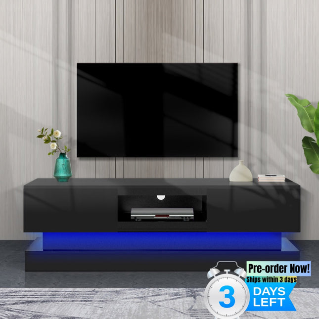 TV5- 63inch BLACK morden TV Stand with LED Lights,high glossy front TV Cabinet,can be assembled in Lounge Room, Living Room or Bedroom,color:BLACK - Likeshoppe 