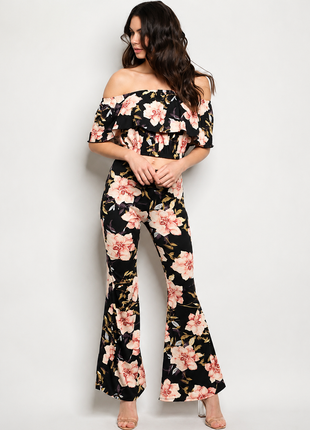 Women’s Floral Two Piece Top & Pants Set – Matching Casual Vacation Outfit LF3