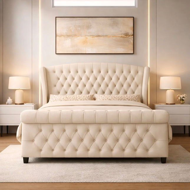 Likeshoppe King Size Platform Bed Frame, Chenille Upholstered Sleigh Bed with Scroll Wingback Headboard & Footboard/Button Tufted/No Box Spring Required/Cream, Gray, Black