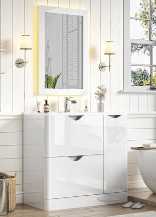 36 Inch Bathroom Vanity with Sink,Mirror,Faucet Set, Modern High Gloss Freestanding Bathroom Storage Vanity Cabinet Set,2