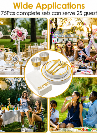 175PCS Gold Rim Disposable Dinnerware Set for 25 Guests – Elegant Party Plates Cups & Utensils