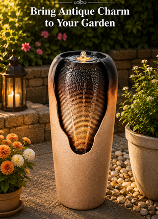 LIKESHOPPE 30.7" Outdoor Glazed Jar Water Fountain – Antique Resin Garden Water Feature with Pump