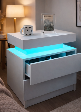 LED Nightstand with 2 Drawers – Modern Black Bedside Table with RGB Lights (Set of 2)