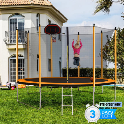 BA19- 10FT Trampoline with Basketball Hoop Inflator and Ladder(Inner Safety Enclosure) Orange - Likeshoppe 