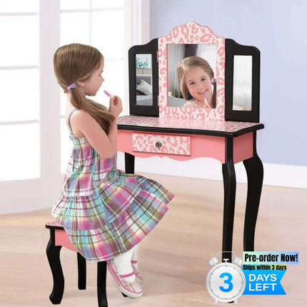 AY2- Kids' Wooden Vanity Table and Stool Set with 3 Mirrors; Princess Makeup Dressing Table; Children's Furniture - Likeshoppe 