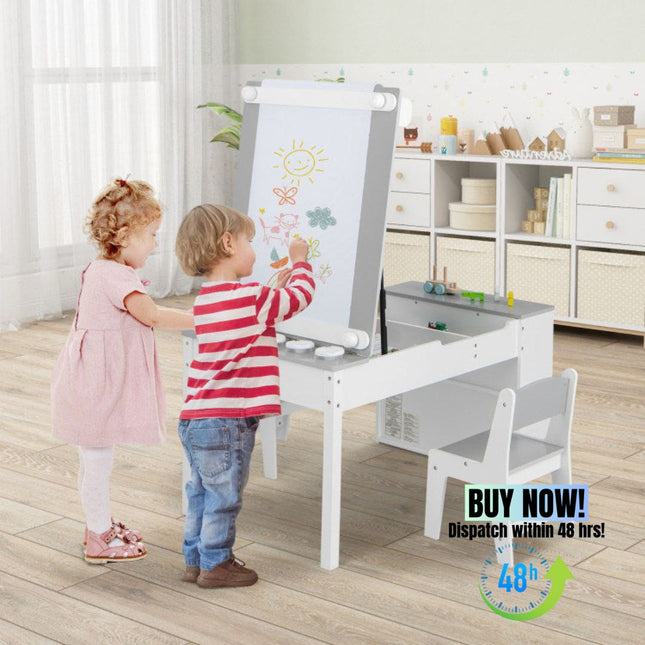 BM3- 2-in-1 Kids Wooden Art Table and Art Easel Set with Chairs Storage Bins Paper Roll - Likeshoppe 