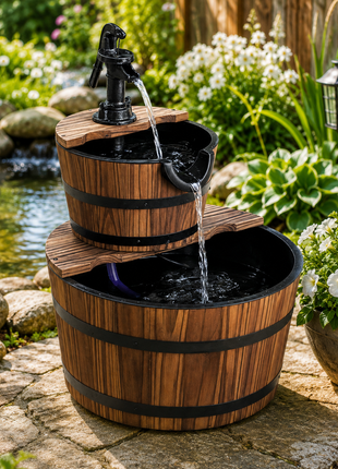 LIKESHOPPE 2-Tier Wooden Barrel Fountain – Rustic Outdoor Water Feature with Electric Pump