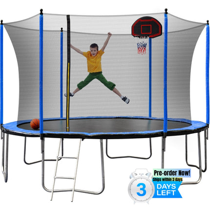 BA9- YC 14FT Trampoline with Basketball Hoop Inflator and Ladder(Inner Safety Enclosure) Blue A+B - Likeshoppe 