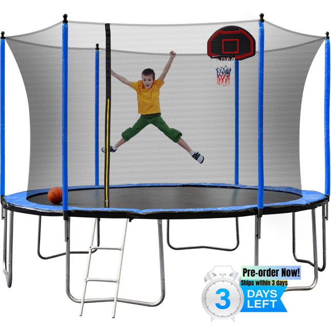 BA9- YC 14FT Trampoline with Basketball Hoop Inflator and Ladder(Inner Safety Enclosure) Blue A+B - Likeshoppe 