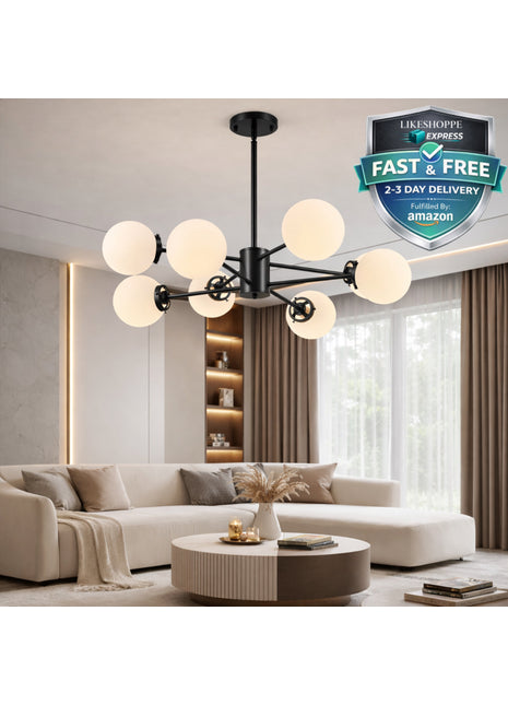 Likeshoppe 8-Light Modern Sputnik Chandelier – Black Ceiling Light Fixture with Frosted Glass Globe Shades