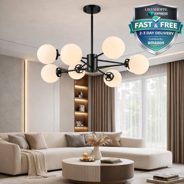 Likeshoppe 8-Light Modern Sputnik Chandelier – Black Ceiling Light Fixture with Frosted Glass Globe Shades, ETL Listed Contemporary Lighting for Living Room, Dining Room, Bedroom