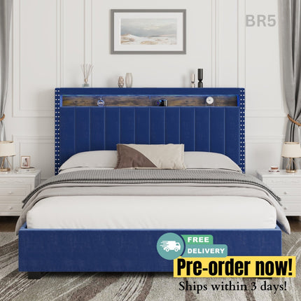 BR5- Luxury Gas Lift Storage Bed with RF LED Lights, Storage Headboard ,QUEEN Size ,Velvet Blue - Likeshoppe 