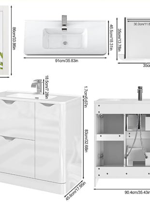 36 Inch Bathroom Vanity with Sink,Mirror,Faucet Set, Modern High Gloss Freestanding Bathroom Storage Vanity Cabinet Set,2