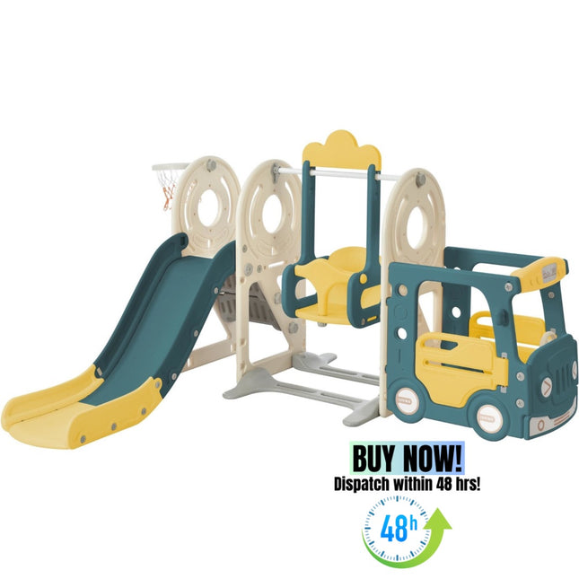 BB22- Kids Swing-N-Slide with Bus Play Structure; Freestanding Bus Toy with Slide&Swing for Toddlers; Bus Slide Set with Basketball Hoop - Likeshoppe 