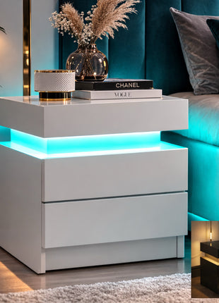 LED Nightstand with 2 Drawers – Modern Black Bedside Table with RGB Lights (Set of 2)