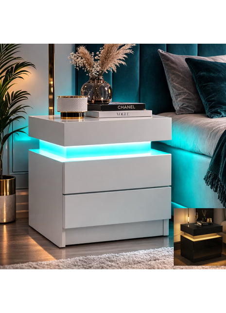 LED Nightstand with 2 Drawers – Modern Black Bedside Table with RGB Lights (Set of 2)