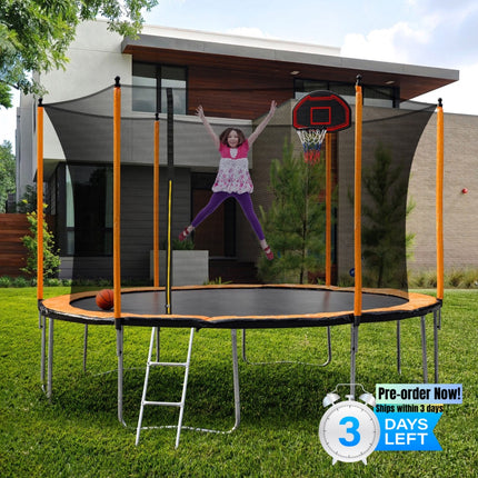 BA8- 15FT Trampoline with Basketball Hoop Inflator and Ladder(Inner Safety Enclosure) Orange - Likeshoppe 