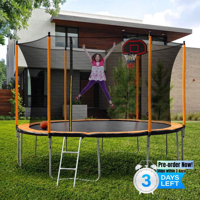 BA8- 15FT Trampoline with Basketball Hoop Inflator and Ladder(Inner Safety Enclosure) Orange - Likeshoppe 