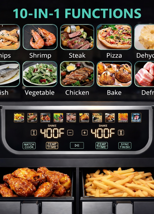 9.5L Dual Basket Air Fryer with Independent Temperature Control