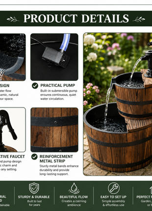LIKESHOPPE 2-Tier Wooden Barrel Fountain – Rustic Outdoor Water Feature with Electric Pump