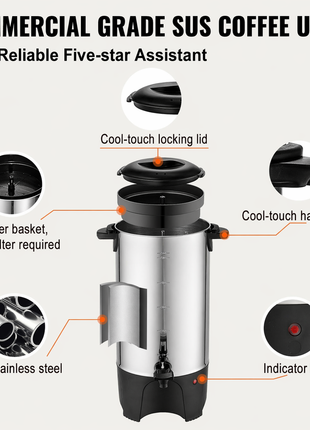 50 Cup Commercial Coffee Urn – Stainless Steel Coffee Dispenser Fast Brew