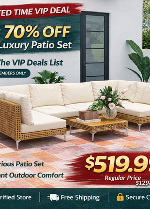 7 Piece Wicker Patio Furniture Set with Cushions & Acacia Wood Table