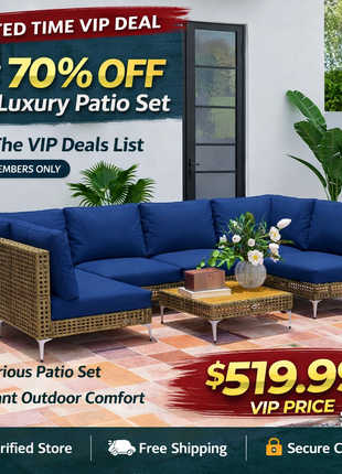 7 Piece Wicker Patio Furniture Set with Cushions & Acacia Wood Table