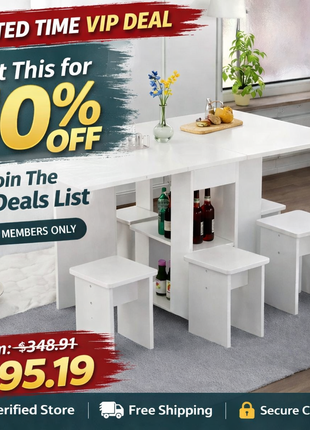 Likeshoppe Folding Drop Leaf Dining Table Set for 4 with Storage & Wheels – Space Saving White Table and Chairs for Small Spaces