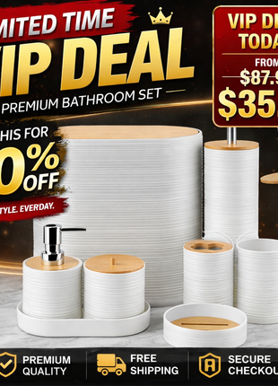 8Pcs Bathroom Accessories Set with Trash Can, Soap Dispenser & Bamboo Tray