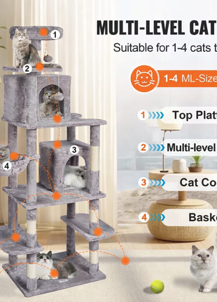 68.5" Cat Tree Tower with Condo & Hammock – Multi-Level Cat Activity Center with Scratching Posts