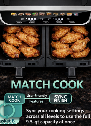 9.5L Dual Basket Air Fryer with Independent Temperature Control