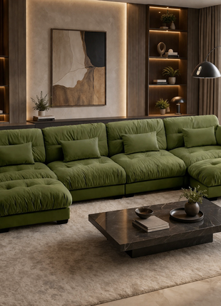 Olive Green Velvet U-Shaped Cloud Sectional Sofa – Luxury 4-Seater Modular Couch with Deep Seating & Ottomans