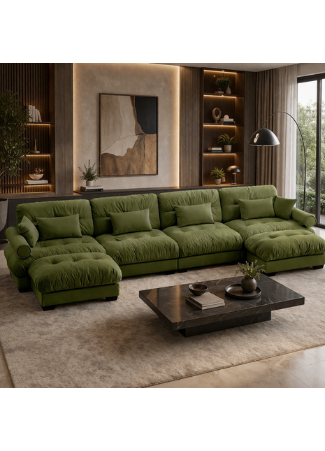 Olive Green Velvet U-Shaped Cloud Sectional Sofa – Luxury 4-Seater Modular Couch with Deep Seating & Ottomans