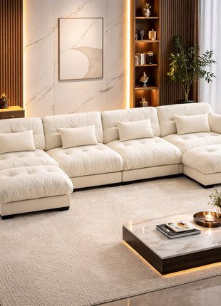 U-Shaped Cloud Sectional Likeshoppe Sofa – Luxury Cream Velvet 4-Seater Modular Couch with Deep Seating & Movable Ottomans