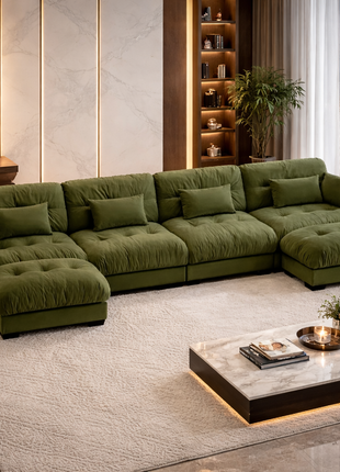 Olive Green Velvet U-Shaped Cloud Sectional Sofa – Luxury 4-Seater Modular Couch with Deep Seating & Ottomans