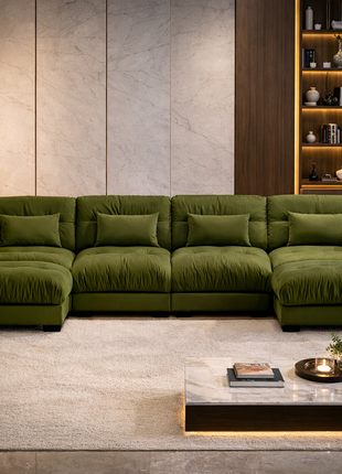 Olive Green Velvet U-Shaped Cloud Sectional Sofa – Luxury 4-Seater Modular Couch with Deep Seating & Ottomans
