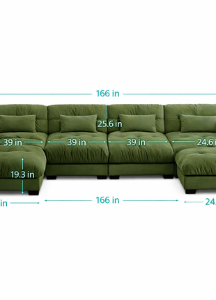 Olive Green Velvet U-Shaped Cloud Sectional Sofa – Luxury 4-Seater Modular Couch with Deep Seating & Ottomans